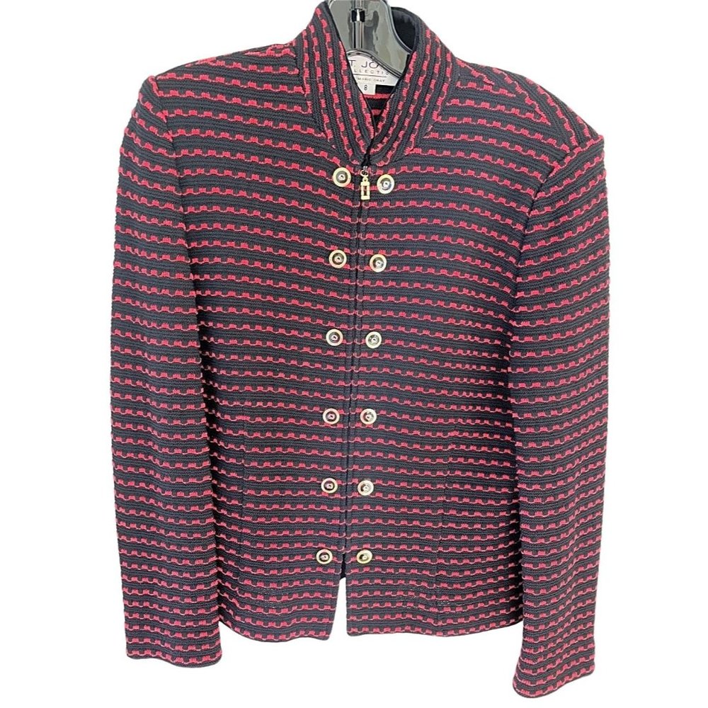 St. John Collection by Marie Gray Russian Red & Black Stripe Zippered Jacket, 8